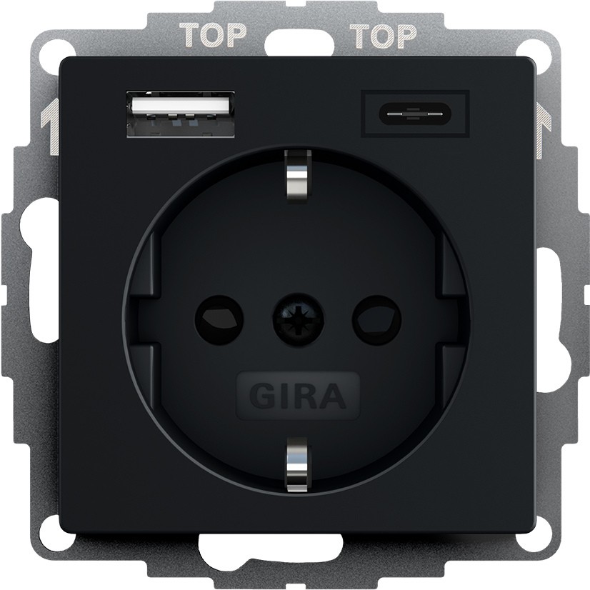 2459005 Gira Розетка SCHUKO 16 A 250 В~, с шторками, с USB зарядным устройством тип A+C, цвет Черный матовый