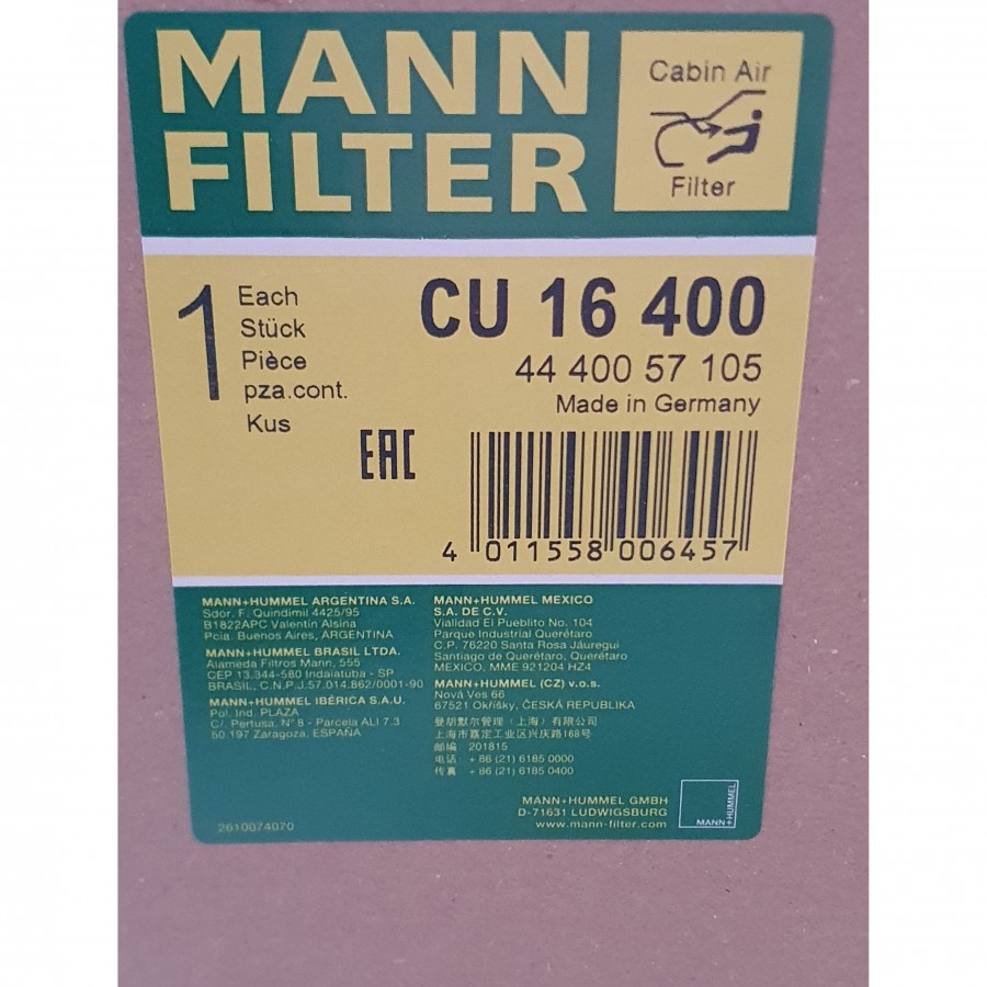 Воздушный фильтр салона (cажевый фильтр) MANN-FILTER CU 16 400 для FENDT (Favorit 800/900) H931812140600